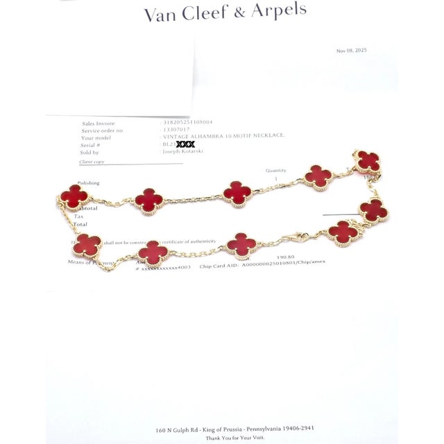 Metal Late 20th Century Van Cleef & Arpels Gold 10 Motif Alhambra Carnelian Necklace Paper For Sale - Image 7 of 8