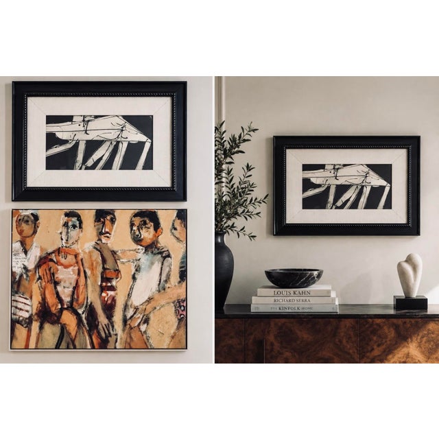 Wood Mid-Century (1956) Black & White Abstract Painting by Carmen Louis Cicero, Framed, Signed, 19” X 26” For Sale - Image 7 of 8