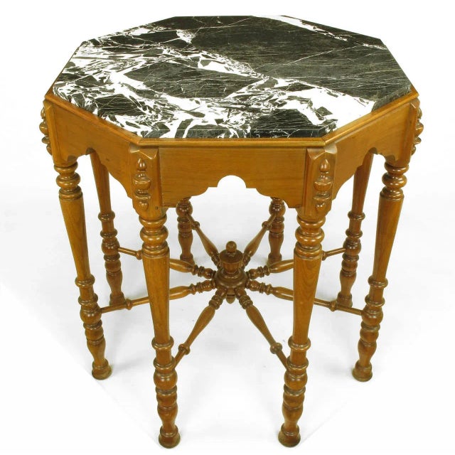 Walnut Eastlake/ Victorian transitional center table or side table with octagonal black and white marble top and eight...