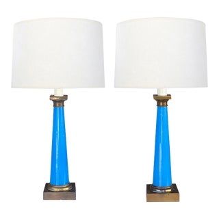 Pair of French 1950s Cerulean Blue Opaline Conical-Form Lamps For Sale