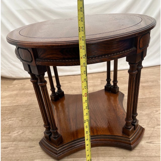 Vintage Round Side Table With Bottom Shelf Double Column Legs Solid Oak For Sale - Image 9 of 12