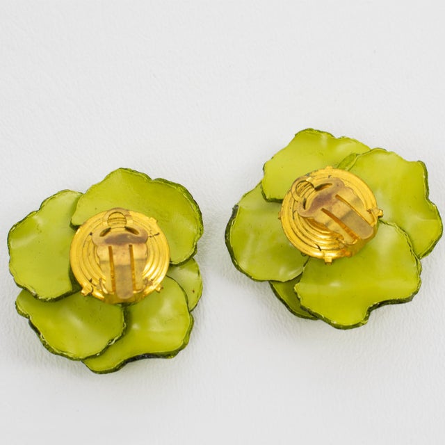 1990s Francoise Montague Green Roses Resin Clip Earrings For Sale - Image 5 of 5