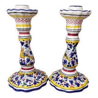 Deruta Arabesco Multi Color Blue Yellow 8 1/2" Candlesticks- a Pair For Sale