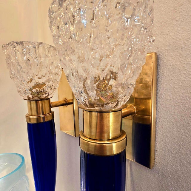 1970s 1970s Mid Century Modern Blue Murano Glass Italian Sconces - A Pair For Sale - Image 5 of 12