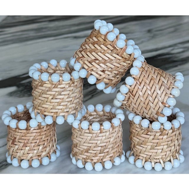 Early 21st Century Vintage Pearl Bead Accent Rattan Napkin Rings - Set of 6 For Sale - Image 5 of 13