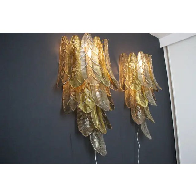 Brown Long Textured Golden and Smoked Murano Glass Sconces in Palm Tree Shape from Barovier & Toso, 1990s, Set of 2 For Sale - Image 8 of 17