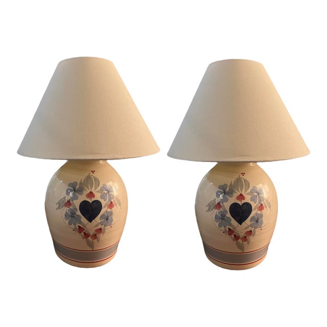 Vintage Mid Century Modern Pair of 1970s Postmodern Ceramic Table Lamps Shades Boho Hand Thrown Studio Pottery For Sale