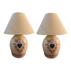 Vintage Mid Century Modern Pair of 1970s Postmodern Ceramic Table Lamps Shades Boho Hand Thrown Studio Pottery