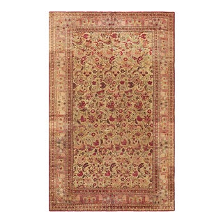 1900s Green Antique Intricate Floral Motifs Knotted Wool Persian Mashad Rug For Sale