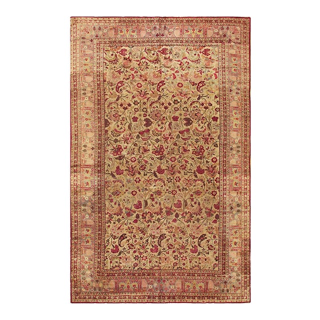 1900s Green Antique Intricate Floral Motifs Knotted Wool Persian Mashad Rug For Sale