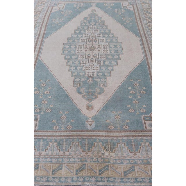 Mid 20th Century Large Vintage Turkish Oushak Rug With Central Medallion in Blue and Cream 6'8 X 12'7 For Sale - Image 5 of 14