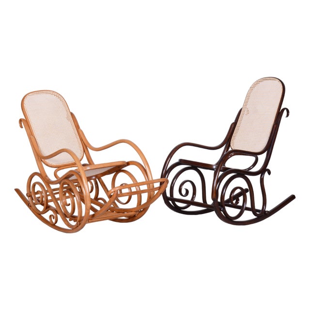 Art Deco Beech Rocking Chair with Footrest attributed to Thonet, Czech, 1920s For Sale