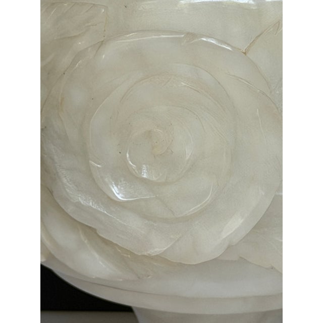 Metal Antique Italian Carved Alabaster Table Lamp With Rose Relief Decoration & Pleated Silk Shade For Sale - Image 7 of 12