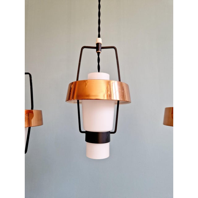 1960s Scandinavian Pendant Lights in White Opaline and Copper Metal, 1960s, Set of 3 For Sale - Image 5 of 18