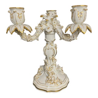 Meissen Candelabra White and Gold Porcelain 3 Arm Elegant Rocaille Style For Sale