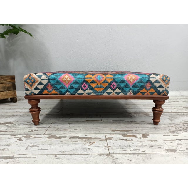 Details SIZE: 13x36x36 Inches ( with legs ) - 33x90x90 cm TYPE: Handmade Ottoman Bench CONDITION: is good. CONSTRUCT: It...