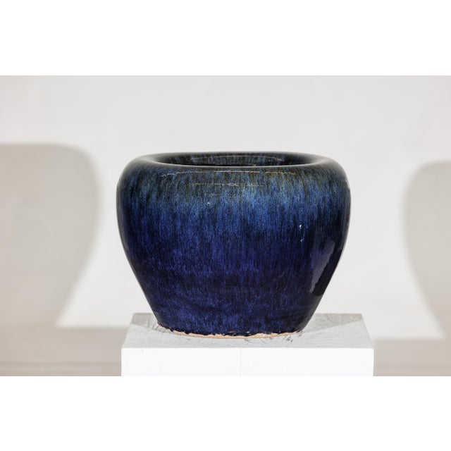 Vintage Chinese Blue-Glazed Ceramic Planter with Rounded Form and Brown Accents For Sale - Image 4 of 18