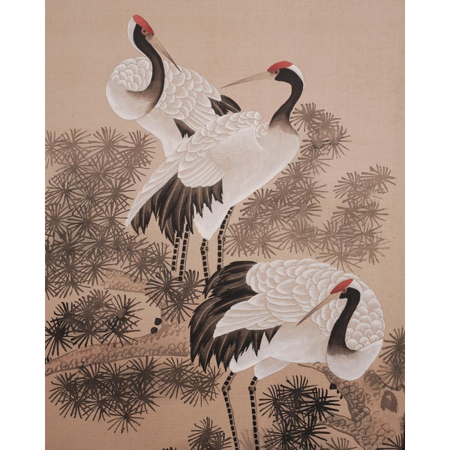 Japanese Style Showa Four-Panel Screen Cranes in Pine Trees For Sale - Image 12 of 18