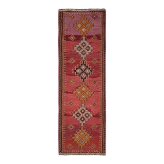1970s Vintage Turkish Handmade Wool Cotton Red Runner Rug For Sale