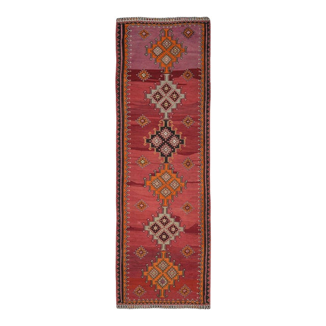 1970s Vintage Turkish Handmade Wool Cotton Red Runner Rug For Sale