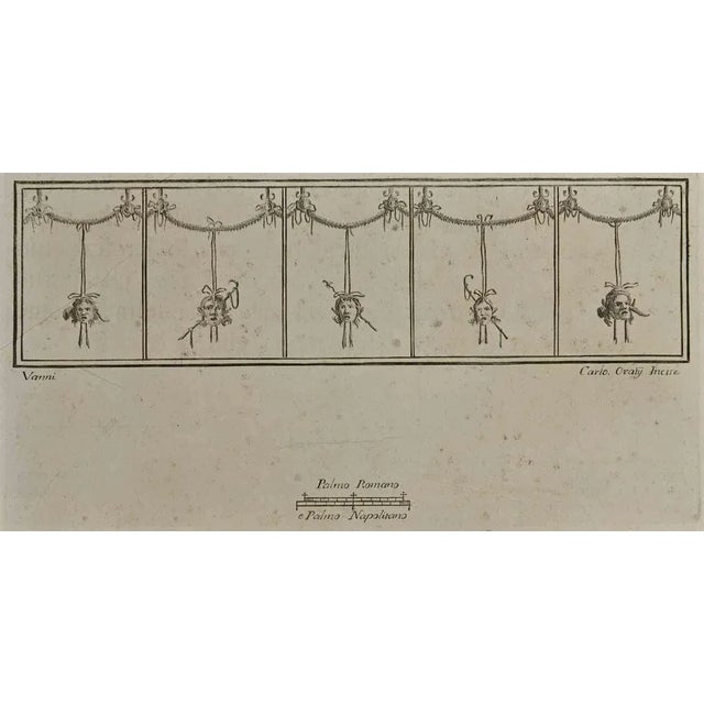 Tragedy Masks Pompeian Style from "Antiquities of Herculaneum" is an etching on paper realized by Carlo Oraty in the 18th...