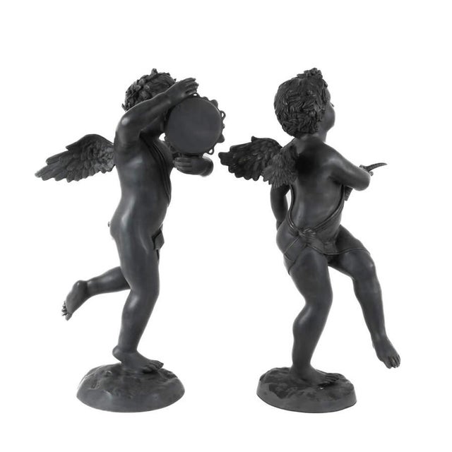 Pair of Cast Metal Garden Cherub Statues, Classical Outdoor Decor For Sale - Image 4 of 8