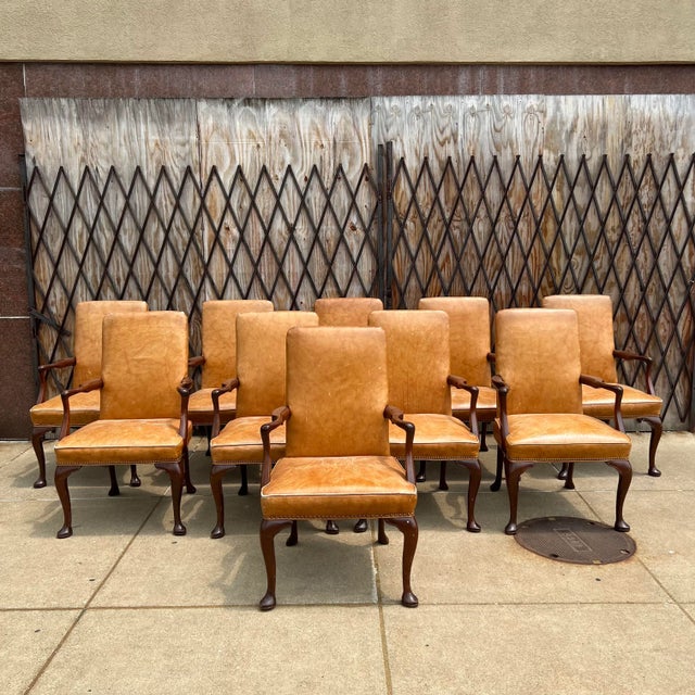 10 Antique Leather and Wood Arm Chairs Dining Conference Desk For Sale - Image 13 of 13
