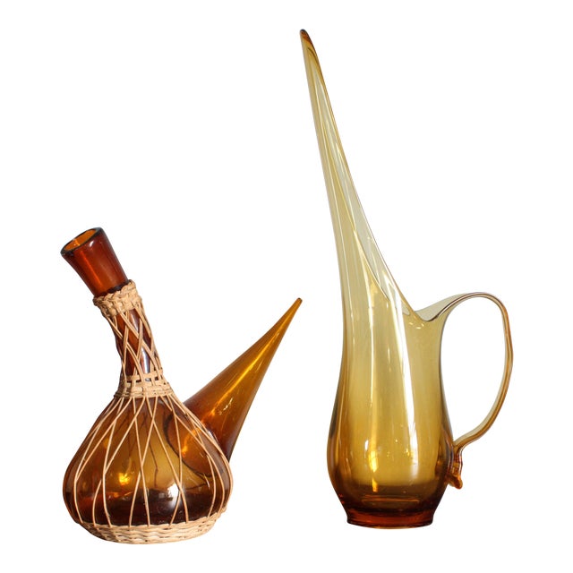 Blenko & Viking Style Amber Art Glass Watering Pitcher Vases a Set