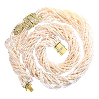 Japanese Akoya Pearl with Snake Diamond Slider and Clasp Opera Length Necklace For Sale