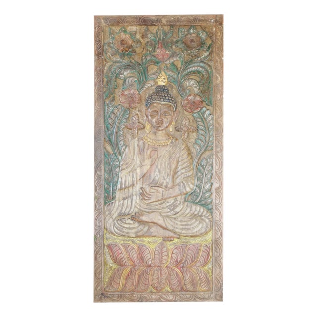 Colorful Vintage Carved Buddha Wall Panel – Handcrafted Blessing Decorative Art 83x36 For Sale