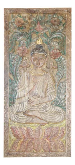 Colorful Vintage Carved Buddha Wall Panel – Handcrafted Blessing Decorative Art 83x36