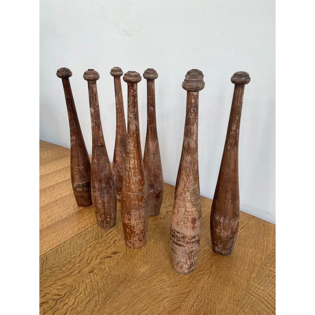 Indian Antique Hand Carved Indian Club Pins & Exercise Weights - Set of 8 For Sale - Image 3 of 15