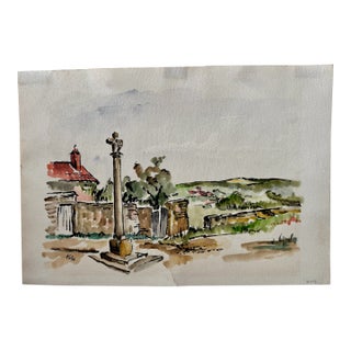 Henry Emil Salloch Original Watercolor on Paper Old Wayside Cross, 1972. For Sale
