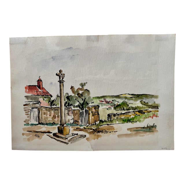 Henry Emil Salloch Original Watercolor on Paper Old Wayside Cross, 1972. For Sale