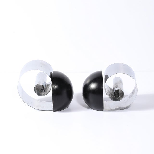 Art Deco Machine Age Spring Steel & Black Enamel Spherical Bookends by Revere For Sale - Image 9 of 14