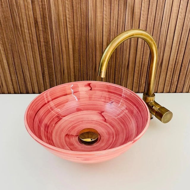 Pink Ceramic Countertop Round Sink, Handmade For Sale - Image 6 of 7