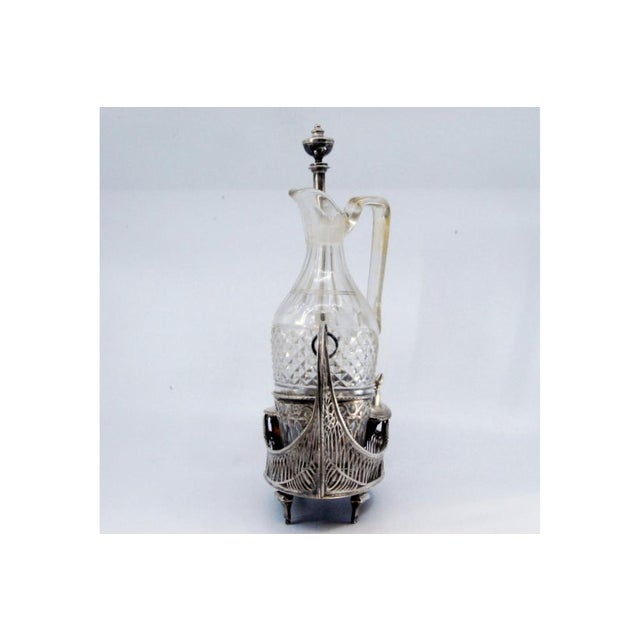 Cruet with Silver Structure Cut Into the Shape of Nave with Two Cut Glass Cruets on Four Raised Feet and Silver Lid Support For Sale - Image 5 of 11