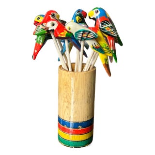 Vintage Hand-Painted Parrot Cocktail Picks — Set of 12 (New & Unused) For Sale
