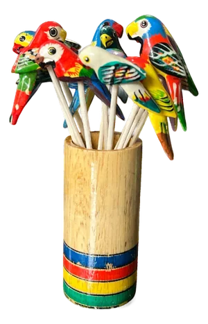 Vintage Hand-Painted Parrot Cocktail Picks — Set of 12 (New & Unused)