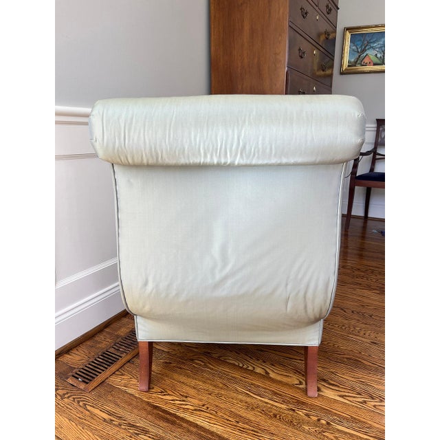 Pair of Barbara Barry for Baker Celadon Silk, Scroll Back Slipper Chairs For Sale - Image 11 of 12