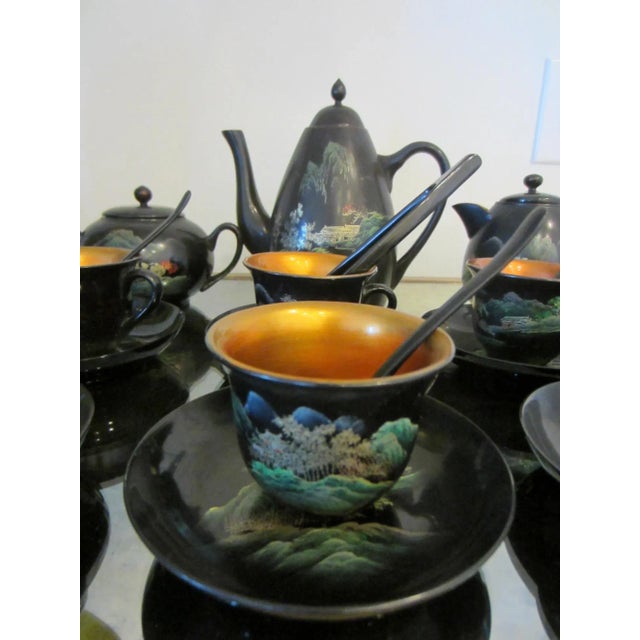 Antique Asian possibly Chinese chinoiserie Tea/Coffee Set of cups, saucers, spoons, covered Kettle, Creamer, Sugar, total...