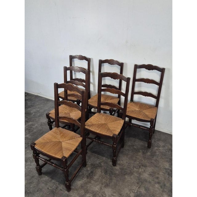 Rustic Straw-Seated Chairs with Slatted Oak Backs, Set of 6 For Sale - Image 3 of 7