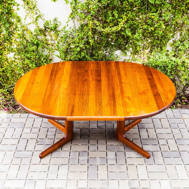 1980s Restored Danish Modern Solid Teak Pedestal Base Extension Dining Table For Sale - Image 14 of 15