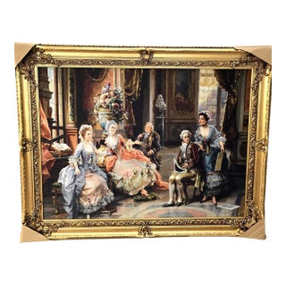 Rococo Salon Scene Artwork – Elegant Figures, Ornate Gold Leaf Frame & Decorative Details For Sale