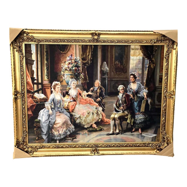 Rococo Salon Scene Artwork – Elegant Figures, Ornate Gold Leaf Frame & Decorative Details For Sale