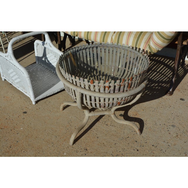 Vintage Albini Style Shabby Gray Bamboo Round Fish Trap End / Side Table With Glass Top For Sale - Image 6 of 17