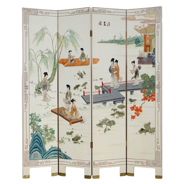 Antique Chinese Export Hardstone Folding Screen Room Divider For Sale
