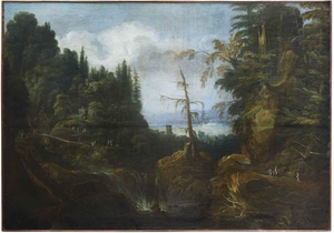 Large Animated Mountain Landscape with Architecture, 1800s, Oil on Canvas