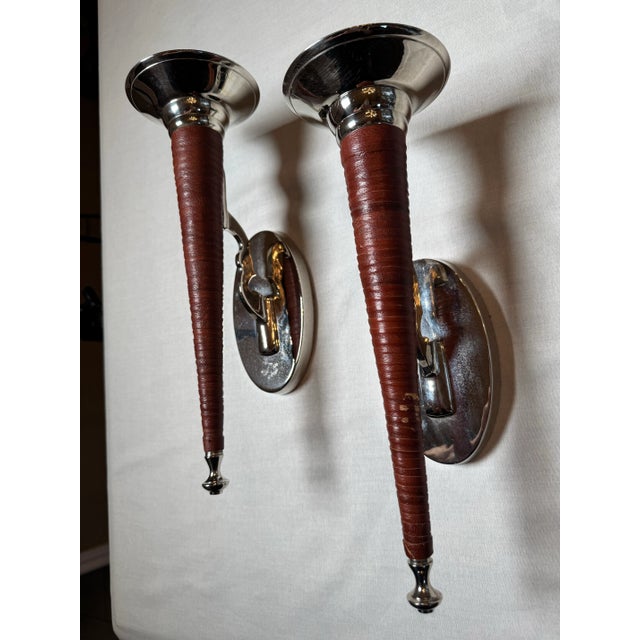 Vintage Rustic Southwestern Polished Chrome and Leather Wrapped Wall Candle Sconces- Set of 2 For Sale In Houston - Image 6 of 11