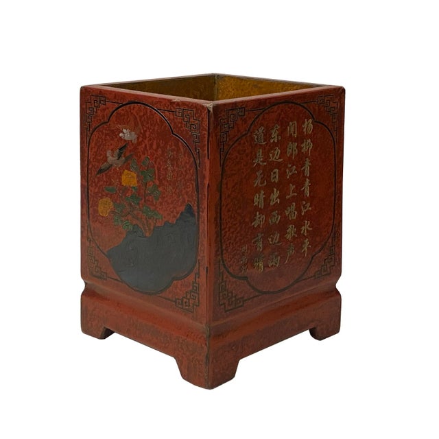 Distressed Brick Red Flowers Graphic Rhombus Shape Wood Holder For Sale - Image 4 of 9